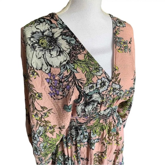 LOVE STITCH WOMENS DRESS TOP PINK FLORAL MEDIUM RUFFLE HEM LONG SLIT SLEEVE - Picture 3 of 8